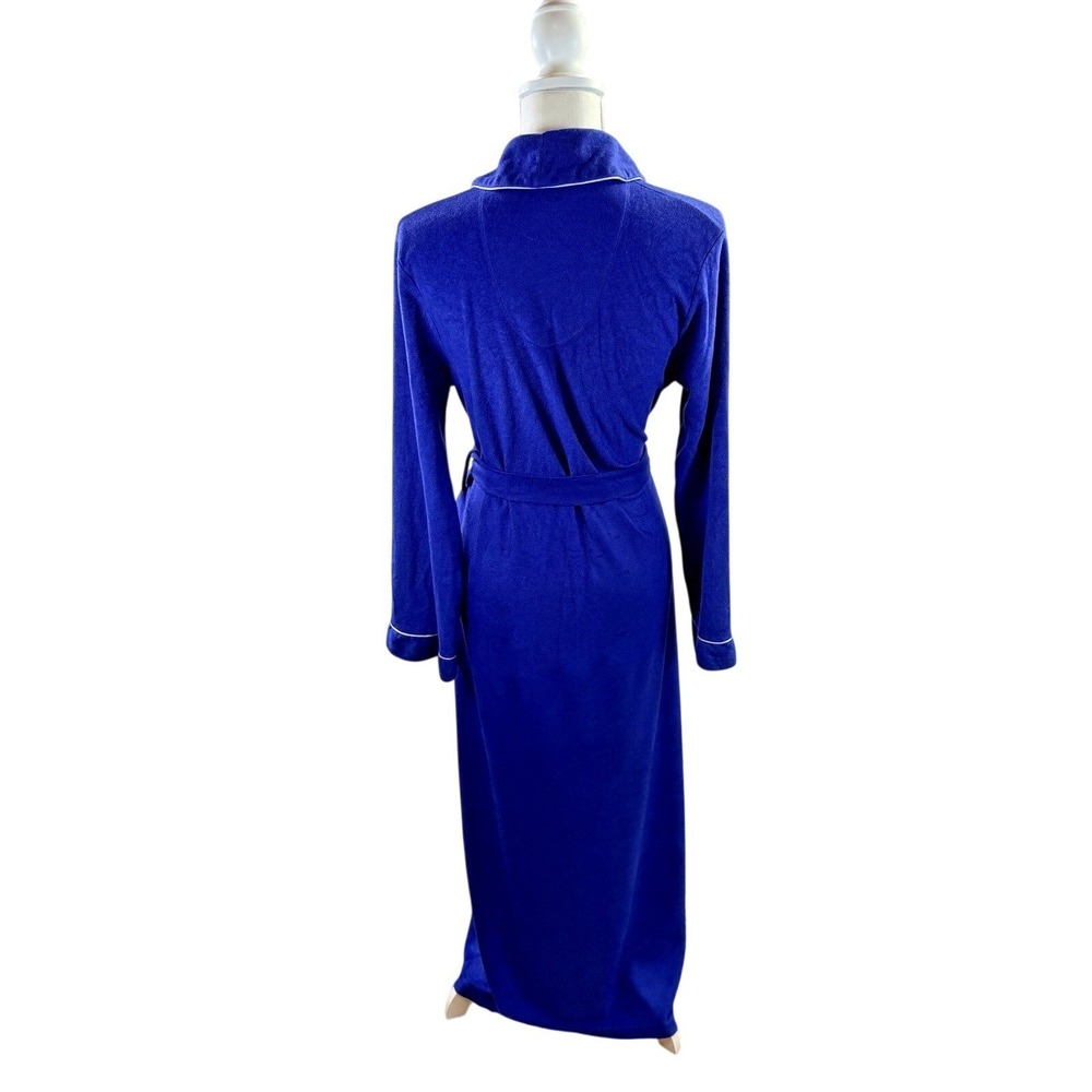 Vintage Carole Blue‎ With White Piping Micro Fleece Long Robe Tie Waist Size M - Picture 3 of 10